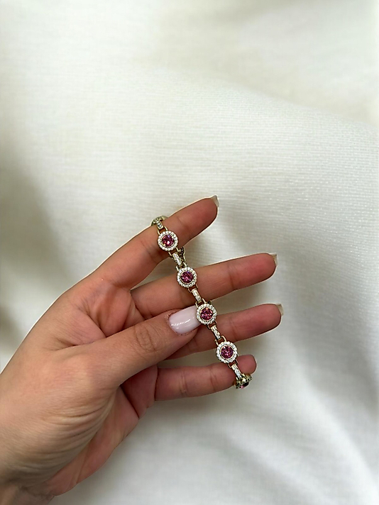 XUPING VIP Çelik Pembe Taşlı Yuvarlak Bileklik – 14K Altın Renk