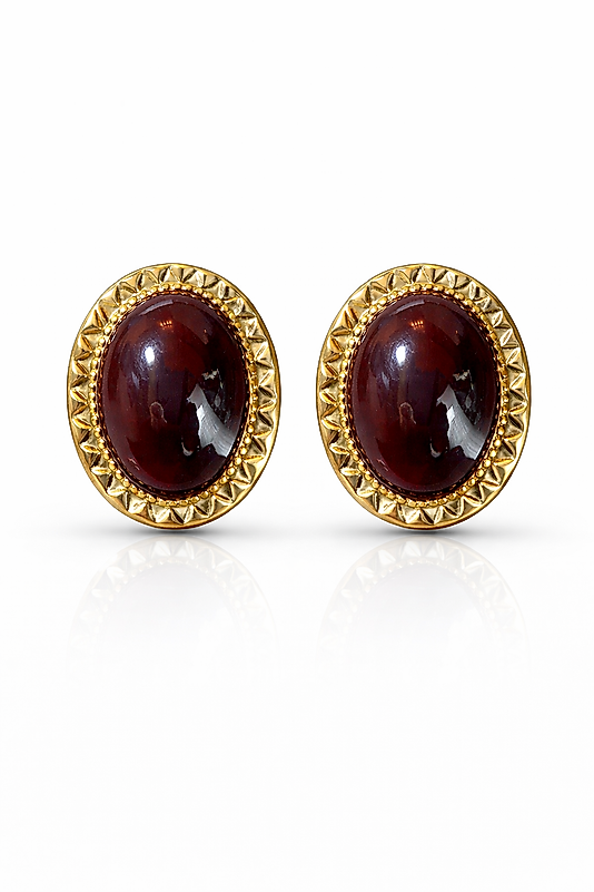 Bordo Taşlı Gold Çerçeveli Oval Form Kadın Küpe