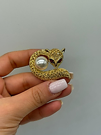 Altın Tonlu Zirkon Taşlı İnci Detaylı Tilki Broş