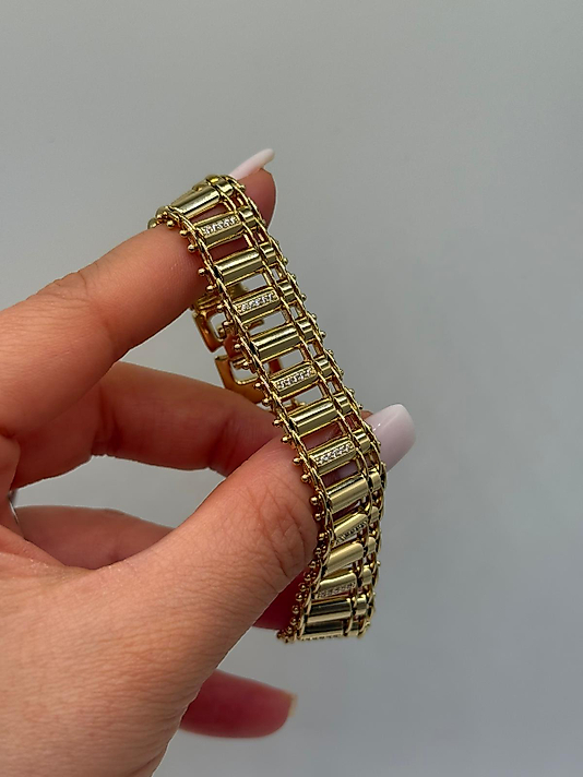 Zirkon Detaylı Xuping VIP Çelik 14K Altın Renk Geniş Zincir Kadın Bileklik