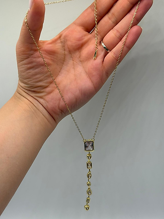 VIP Çelik Asimetrik Taşlı Sallantılı Kolye – 14K Altın Renk