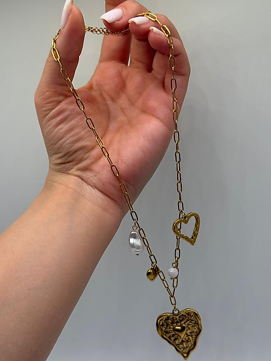 Çelik Kalp Figürlü Çoklu Detay Zincir Kolye – Gold Renk