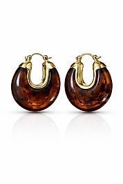 Kahverengi Doğal Taş Görünümlü Gold Detaylı Halka Kadın Küpe