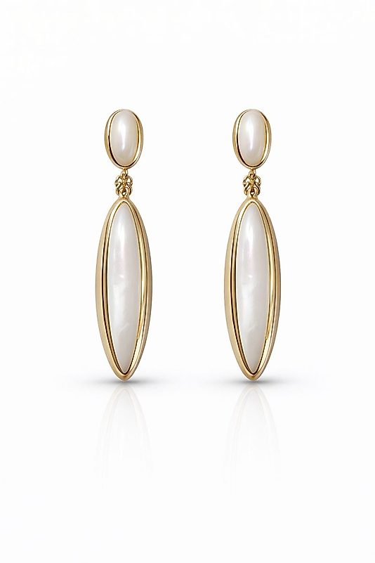 Ekru Taşlı Gold Çerçeveli Uzun Sallantılı Kadın Küpe