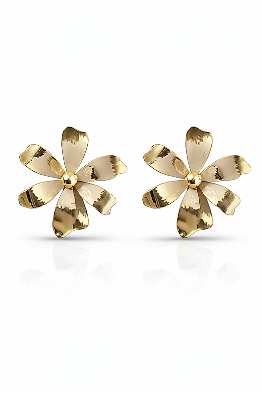 Gold Detaylı Bej Çiçek Formlu Gösterişli Kadın Küpe