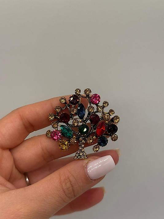 Renkli Taşlı Hayat Ağacı Figürlü Broş