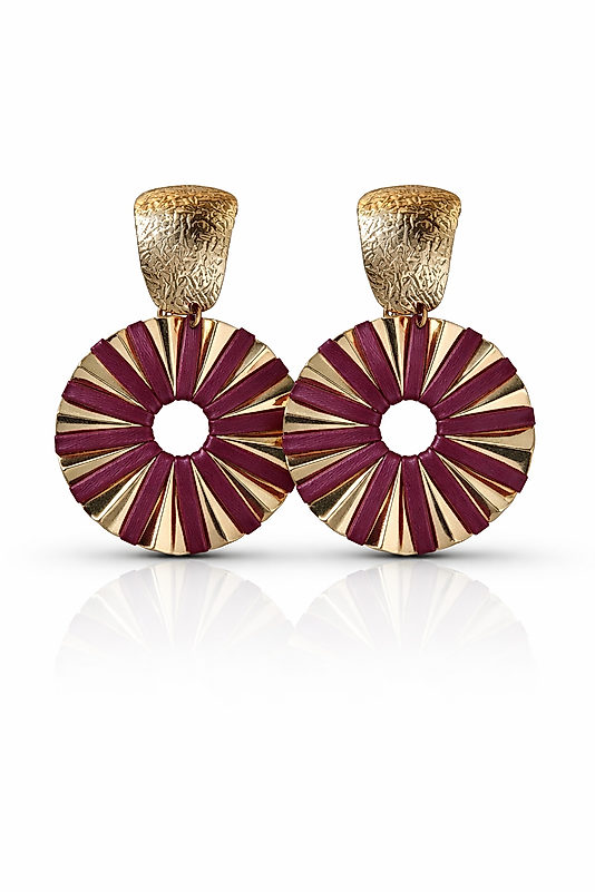 Bordo & Gold Detaylı Yuvarlak Form Gösterişli Kadın Küpe