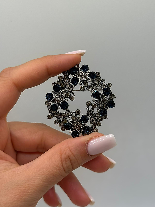 Yıldız Motifli Lacivert Taşlı Vintage Çelenk Broş