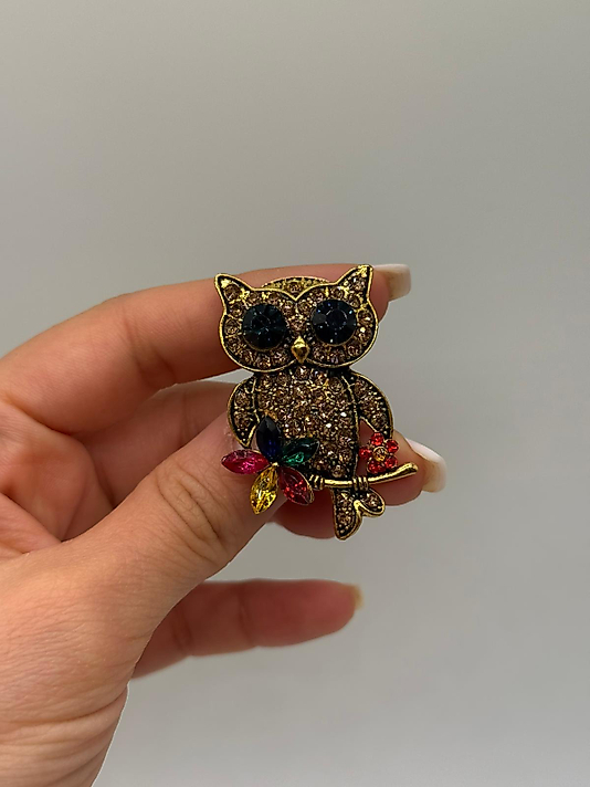 Renkli Zirkon Taşlı Baykuş Figürlü Altın Renk Broş
