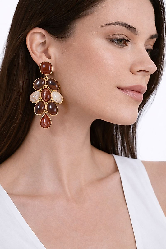 Amber Tonlu Çok Taşlı Salkım Kadın Küpe