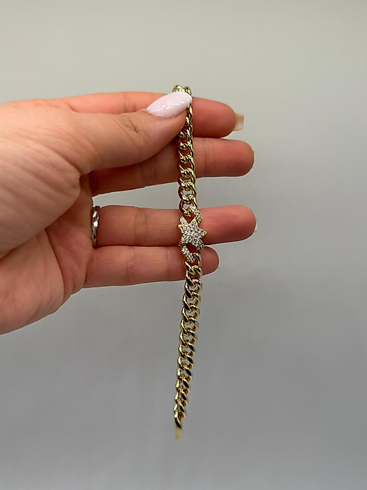 XUPİNG Zirkon Taşlı Yıldız Detaylı VIP Çelik Zincir Bileklik – 14K Altın Renk