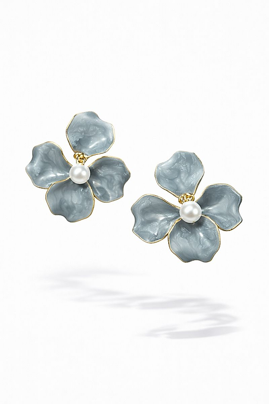 İnci Detaylı Mavi Çiçek VIP Çelik Küpe