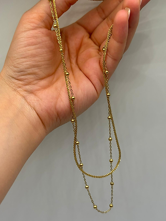 Xuping VIP Çelik Çift Zincir Boncuk Detaylı Kolye – 14K Altın Renk