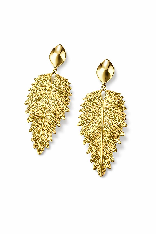 Yaprak Detaylı Uzun Gold Renk Küpe