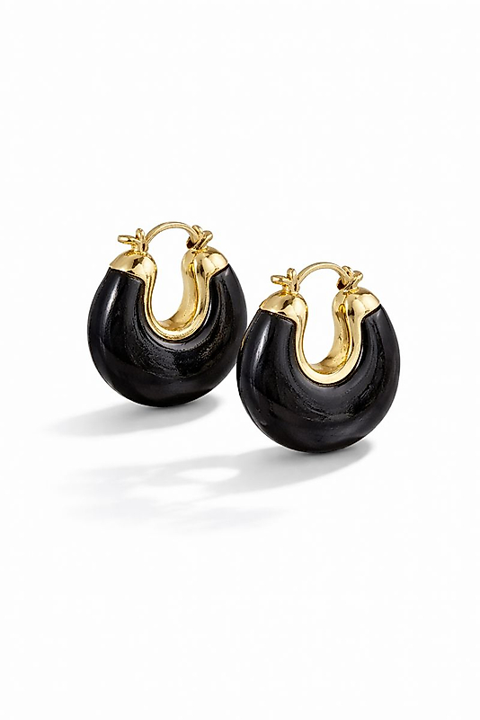 Siyah Detaylı Kalın Halka VIP Çelik Küpe – 14K Altın Renk