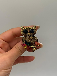 Renkli Zirkon Taşlı Baykuş Figürlü Altın Renk Broş