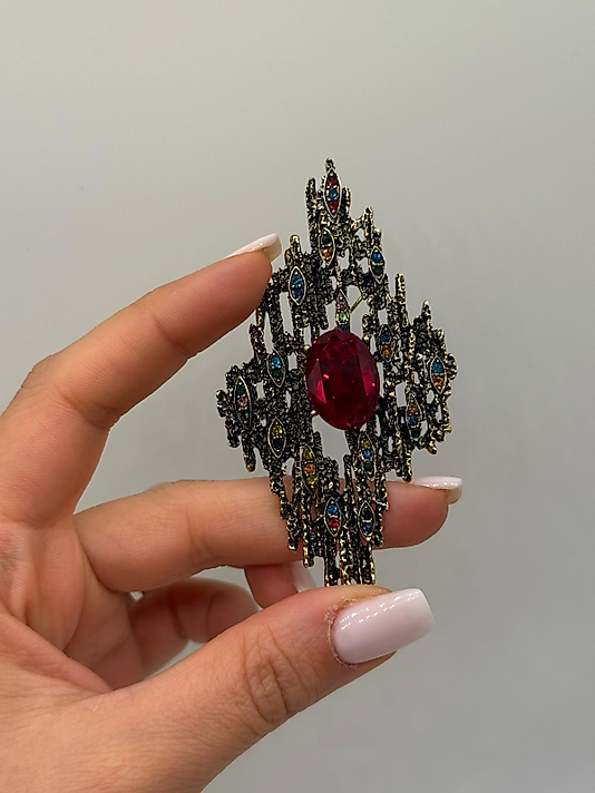 Zirkon Taşlı Renkli Detaylı Orta Taşlı Vintage Broş