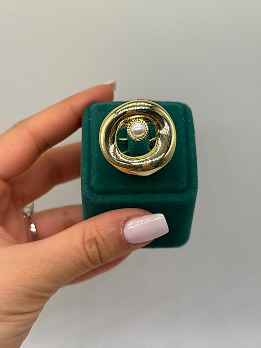 İnci Detaylı Dairesel Gold Yüzük