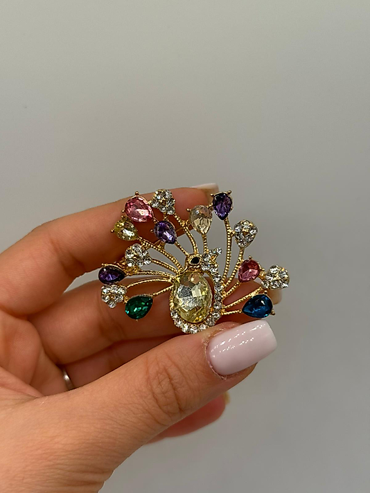 Renkli Taşlı Tavus Kuşu Figürlü Vintage Broş