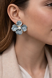 İnci Detaylı Mavi Çiçek VIP Çelik Küpe