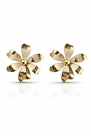 Gold Detaylı Bej Çiçek Formlu Gösterişli Kadın Küpe