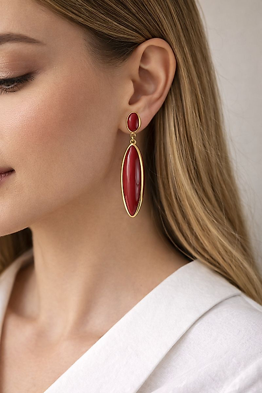 Bordo Taşlı Uzun Gold Renk Küpe