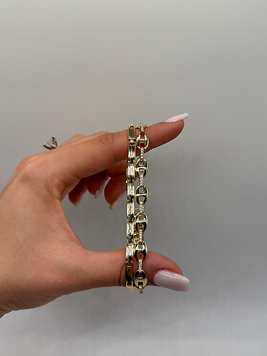 Zirkon Detaylı Xuping VIP Çelik 14K Altın Renk Çift Zincir Kadın Bileklik