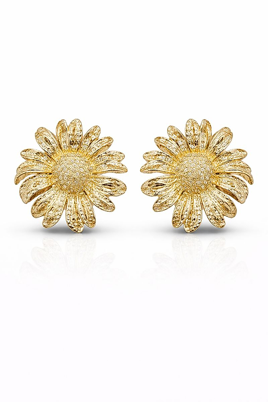 Gold Renk Işıltılı Çiçek Formlu Gösterişli Kadın Küpe