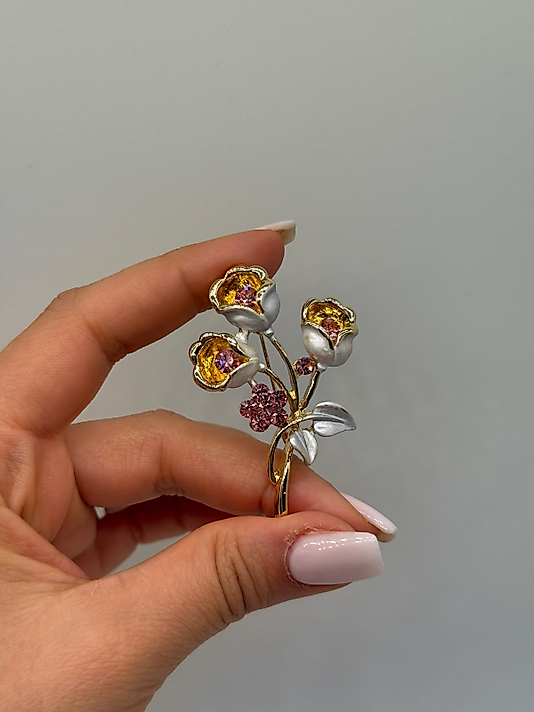 Sarı & Pembe Taşlı Çiçek Buketi Figürlü Vintage Broş