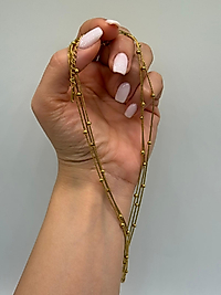 Gold Renk Çoklu Zincir Boncuk Detaylı Çelik Kolye