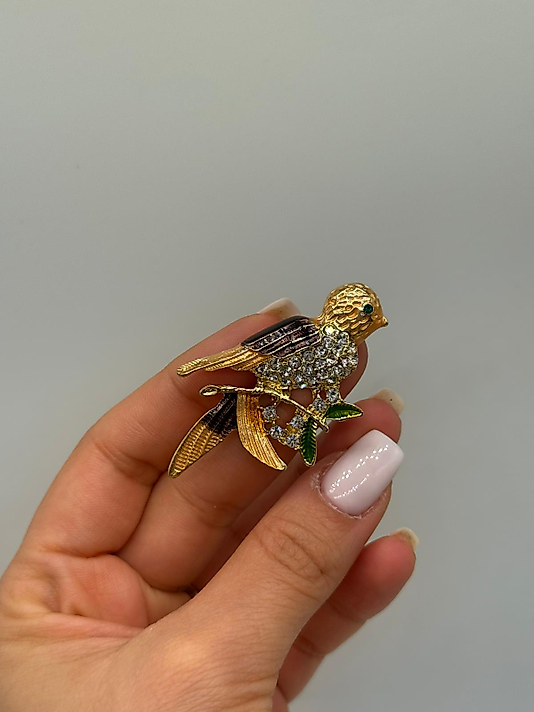Altın Tonlu Kuş Figürlü Taşlı Vintage Broş