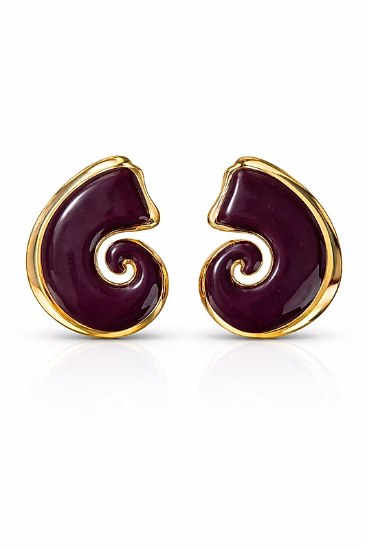 Bordo Spiral Formlu Gold Çerçeveli Kadın Küpe