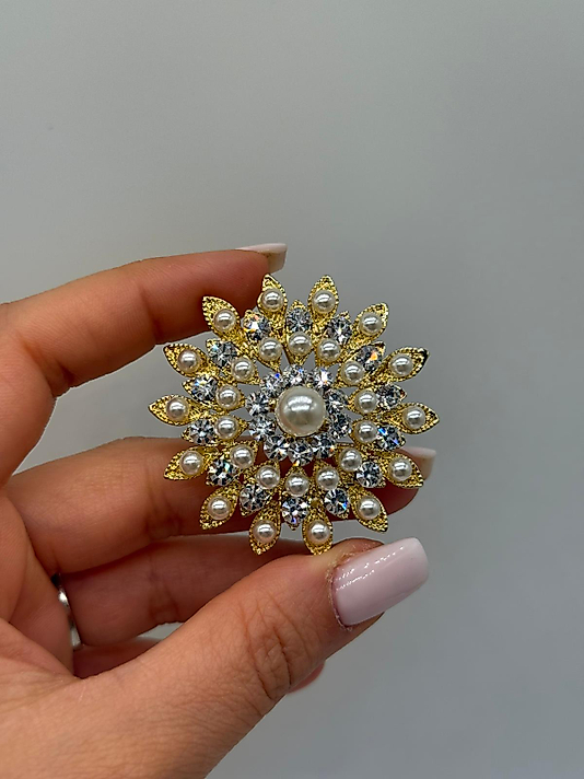 Altın Tonlu İnci ve Zirkon Taşlı Güneş Form Vintage Broş