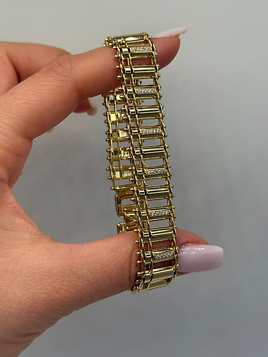 Zirkon Detaylı Xuping VIP Çelik 14K Altın Renk Geniş Zincir Kadın Bileklik