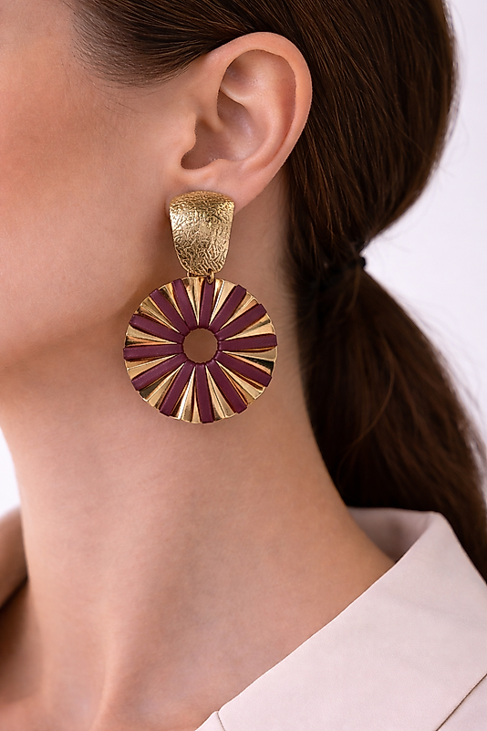 Bordo & Gold Detaylı Yuvarlak Form Gösterişli Kadın Küpe