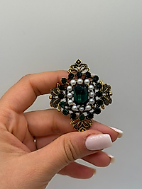 Zirkon Taşlı İnci Detaylı Yeşil Orta Taşlı Vintage Broş