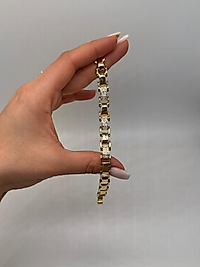 Xuping Zirkon Taşlı Dikdörtgen Detaylı Gold Bileklik