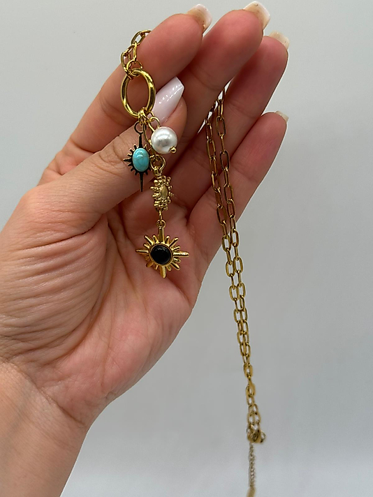 Çelik Güneş Figürlü Çoklu Detay Zincir Kolye – Gold Renk