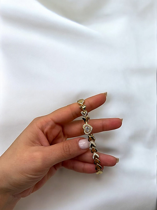 XUPING VIP Çelik Kalp Motifli Taşlı Bileklik – 14K Altın Renk