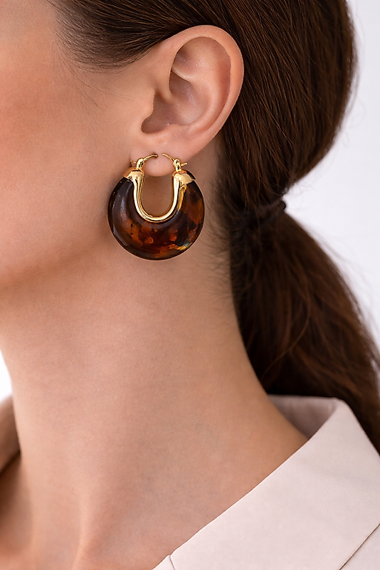 Kahverengi Doğal Taş Görünümlü Gold Detaylı Halka Kadın Küpe